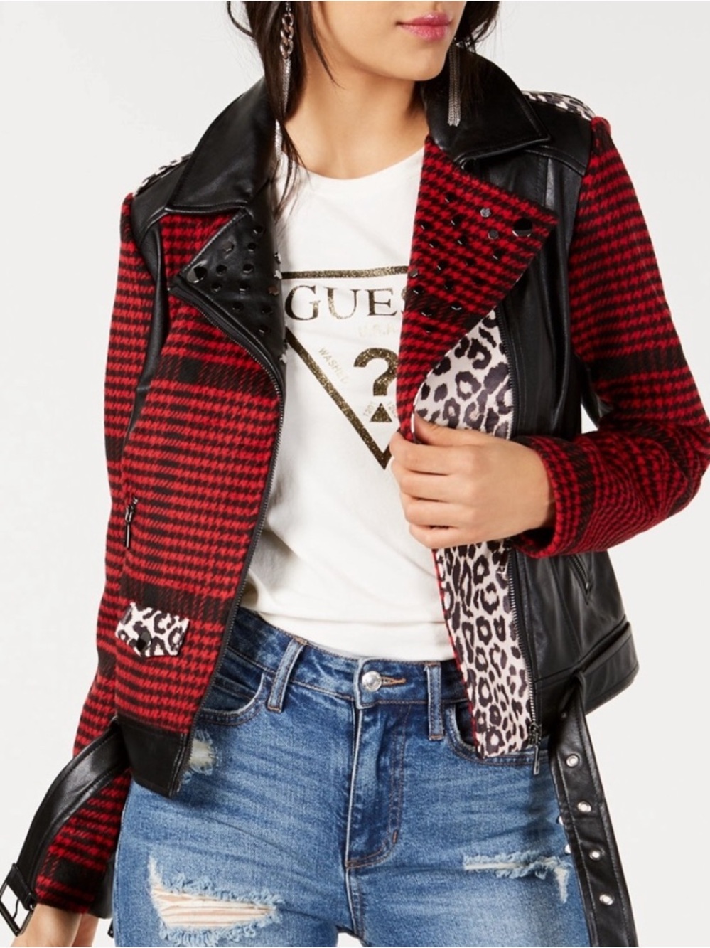 GUESS Red & Black Houndstooth Leather-Trim Jacket with Leopard Print Lining